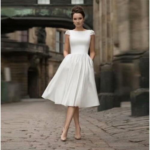 Elegant Cap Short Sleeve Scoop A-Line Knee Length Satin Backless Wedding Dress vestido de noiva Bridal Dress Wedding Gowns