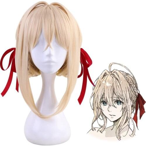 Violet Evergarden Cosplay Wig Heat Resistant Synthetic Light Blonde Hair Creamy Blonde Hair Style Wigs with Ribbon + Wig Cap