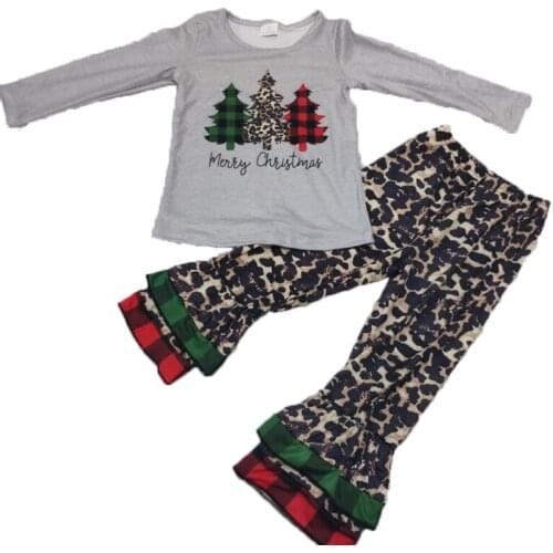 Fashion Girls Outfits Gray Long Sleeves Tops Leopard Ruffles Pants Christmas Boutique Kids Clothing-Sets