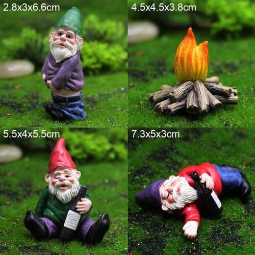 4pcs Fairy Garden Drunk Gnomes Miniature Ornaments Set Mini Dwarf Bonfire Statues for Planter Flowerpot Decor Accessories