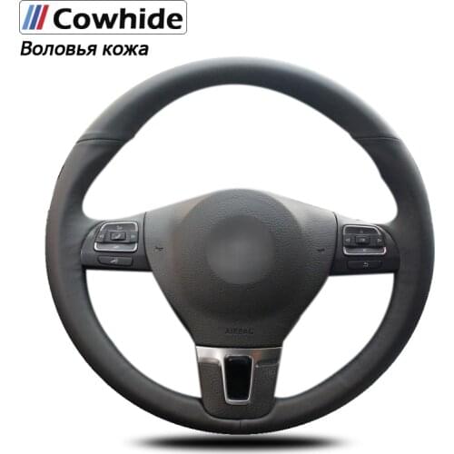 Black Genuine Leather Car Steering Wheel Cover for Volkswagen VW Golf Tiguan Passat B7 CC Touran Magotan Sagitar