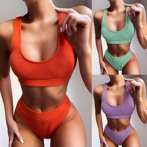 2021 NEW Bikini womens split solid snap swimsuit 2PCS Bikini Frauen Sexy Solide Push Up bikini High Waist Swimwear Swimsuit Set