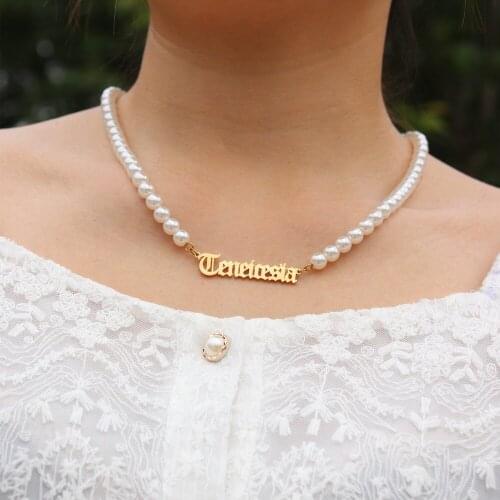 Custom Name Pendant Necklaces For Women Girl Personalized Letter Nameplate Jewelry Stainless Steel Pearl Necklace Birthday Gift