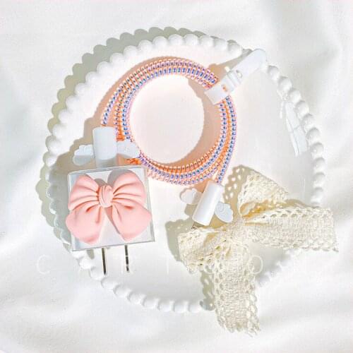 Cute Cable Organizer Management Wire Charger Protector for IPhone 18w/20w Fast Charging Head Bow Transparent Charger Cover Set