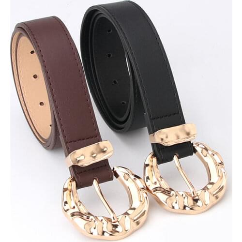 New Round Gold Buckle Pu Belt Women Fashion Shiny Pin Buckle Belts Female Dress Jeans Brand Design Waistband 2021