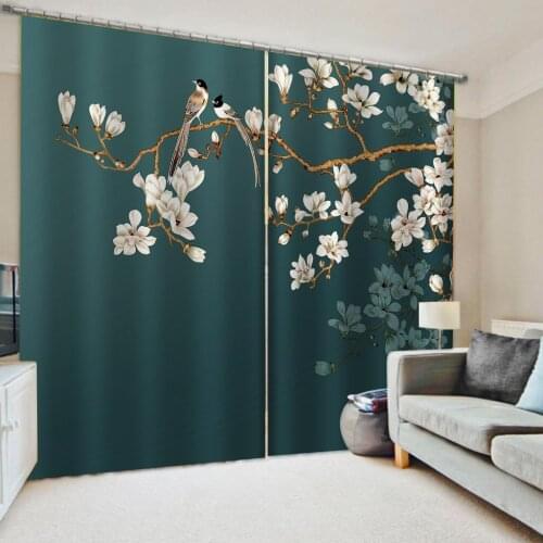 Luxury Blackout 3D Window Curtains For Living Room Bedroom blue birds and flower curtains Drapes Cortinas
