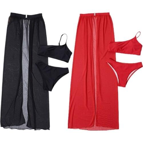 77JE Womens Sexy Summer 3 Piece Bikini Set Solid Color One Shoulder Tube Top Triangle Bottom Swimsuit with Slit Mesh Maxi Skirt