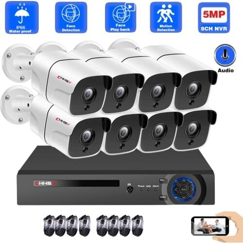CHHSV H.265 8CH 5.0MP POE IP Camera System With Weatherproof IP Camera CCTV Video Recorder Kit Face-Recording