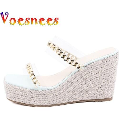 Summer Woman Slides Metal Chain Nightclub Stripper Heels Wedges Platform Transparent Women Shoes 10CM High Heels Sexy Sandals