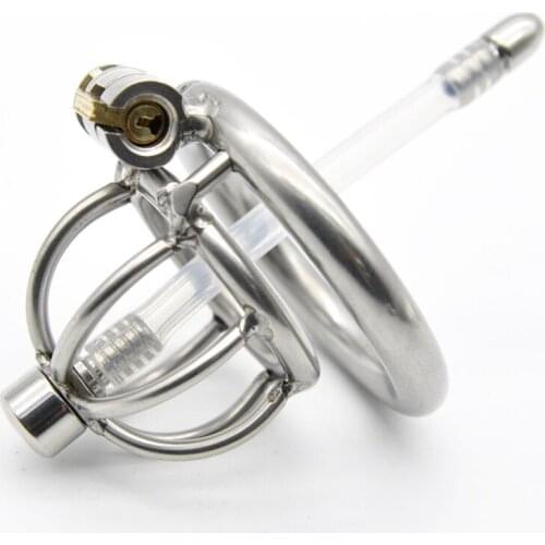 Super Short Stainless Steel Male Chastity Device,Cock Cage with Anti-off Ring Urethral Catheter Penis Rings Sex Toys For Men
