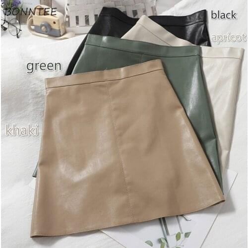 Skirts Women Sexy Slim A-line Trendy Ladies Teens PU Holiday Korean Style Empire All-match Summer Mini Simple Solid Soft Street