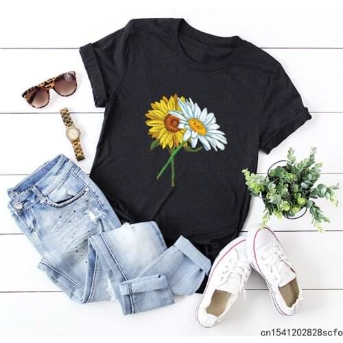 Graphic tee Sunflowers Print T Shirt Summer Plus Size 100%Cotton Women T-Shirt O Neck Short Sleeve Tees Women Clothing Tops