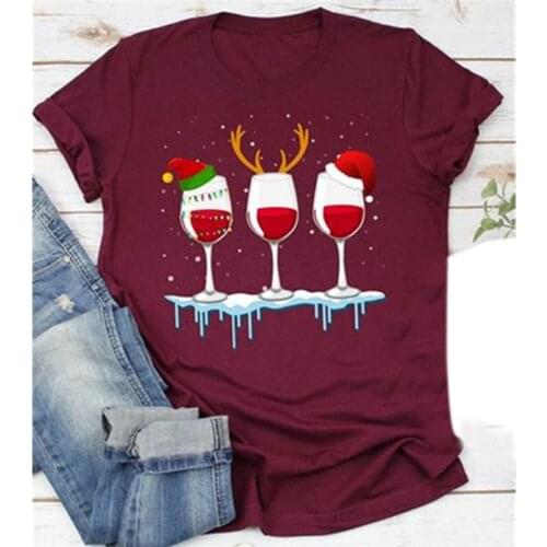 Women Christmas T-Shirt Funny Christmas Wine Glass Santa Claws Printed Loose T Shirt Short Sleeve Cute Tees Female Graphic Tops