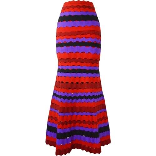 2020 New Striped Bandage Skirt Women Sexy Hollow Out Midi Mermaid Skirts Celebrity Party Club Knitted Skirt Female