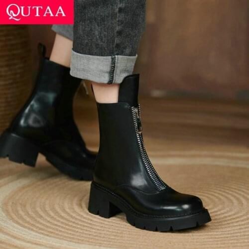 QUTAA 2022 Women Ankle Boots Zipper Chelsea Boots Square Med Heel Round Toe All Match Ladies Motorcycle Boots Size 34-39