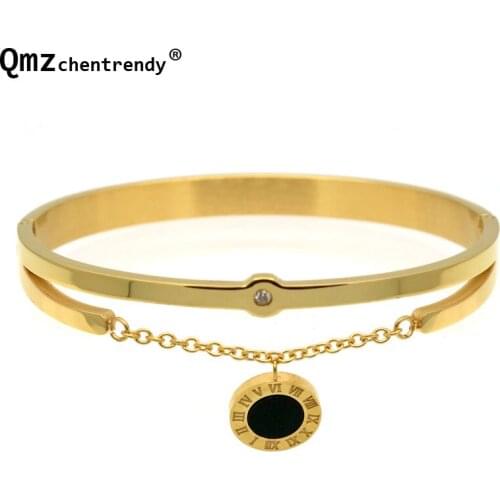 Stainless Steel Cute Design Women Black Bell Bangles With Roman Numerals Charm Accessories Bracelet Bangle For Women Jewelry