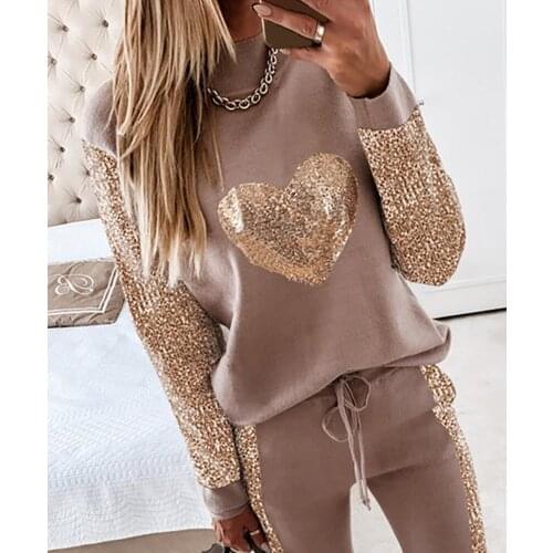 Womens Khaki Love Sequin Casual Suit Tracksuit Women 2 Piece Set Loose Hoodies+Trousers Streetwear Suits