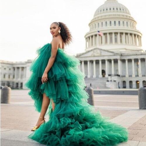 Fresh Emerald Green High Low Ruffles Tulle Dresses Women 2020 Vestidos Da Donna Puffy Ruffles Tiered Long Dress Women To Party