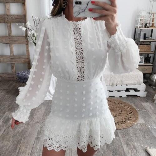 Misswim Elegant white lace dress 2019 Autumn long lantern sleeve dresses women Chiffon evening party dress female Dot vestidos