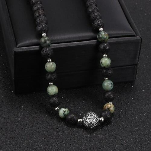 2020 New Men Necklace 8MM Natural Lava Rock Map Stone Tiger Eye Beaded Necklace Choker Mans Rosary Custom Size Jewelry