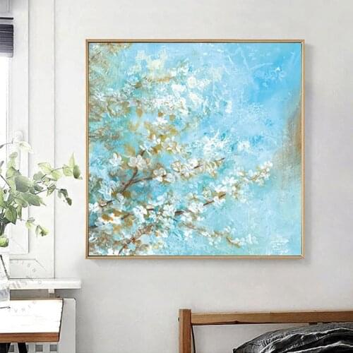 Abstract Blue Sky Flower Tree Hand Painted Modern Oil Painting Simplicity Canvas Wall Art Handmade Painting for Home Wall Decor