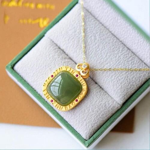 Natural Hetian Jade Square Pendant S925 Sterling Silver Gilding Gray Jade Lucky Pendant Necklace Simple Ornament