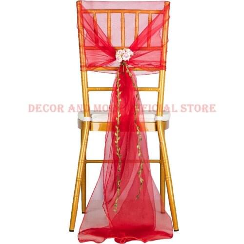 50PCS Red Organza Chair Cap Outdoor Wedding Hotel Banquet Chair Sash With Flower Decor Chair Hood For Chiavari Chair Wholesale