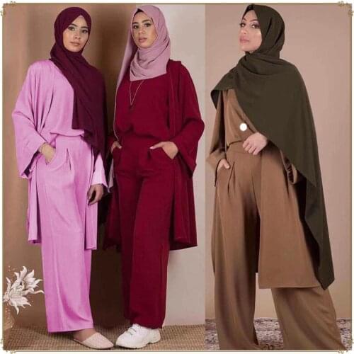 3 Piece Set Muslim Vest Top and Cardigan Wide Leg Pants Women Dubai Lace-up Blouse Abaya Kaftan Islam Casual Islamic Clothing