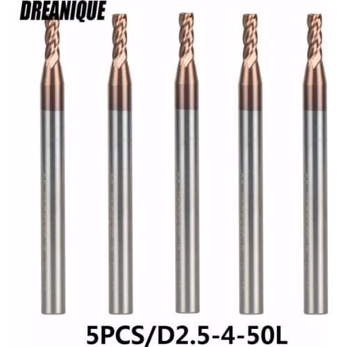 Tungsten Steel End Mills 5pcs/lot D2.5-4-50 4 Flute Flattened Head CNC Milling Carbide End mill High Quality HRC55 TiAIN Coated