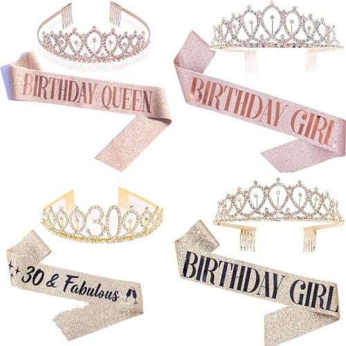 Birthday Queen/Girl Satin Sash with Crystal Crown for Birthday Decorations