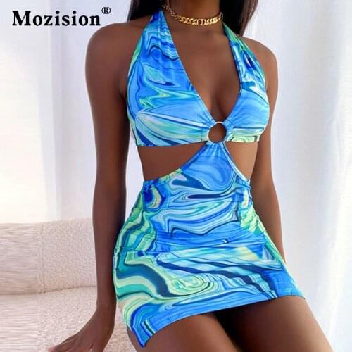 Mozision Tie Dye Print Y2K Sexy Women Casual Summer Beach Dress Halter Sleeveless Backless Hollow Out Printed Dresses Vestidos