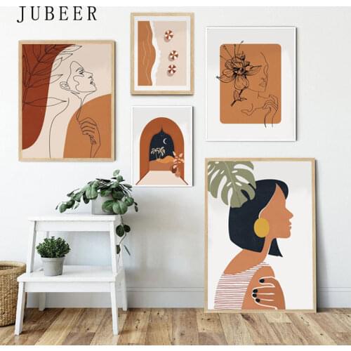 Boho Wall Art Mid Century Modern One Line Woman Face Canvas Prints Gallery Wall Poster for Living Room Decor Minimalist Picture