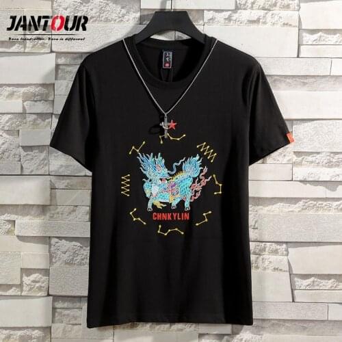 2021 New Kirin Embroidery Chinese Style Cotton Short Sleeve T-Shirt Mens Youth Leisure Large Loose Half Sleeve Top Fashion Tops