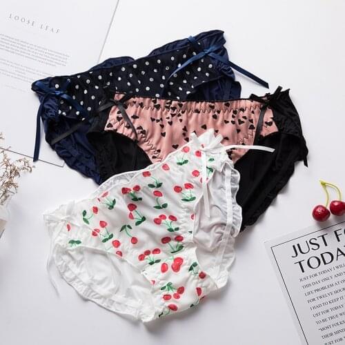 New Product Japanese Ice Silk Panties Strawberry Print Big Bow Triangle Panties Transparent Chiffon Ladies Panties Pink Panties