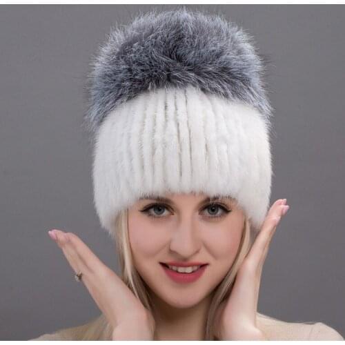 Real Mink Womens Hat Autumn and Winter Leather Head Cap Silver Fox Fur Ball Knit Hat Fashion Womens Fur Hat DHY17-26cx