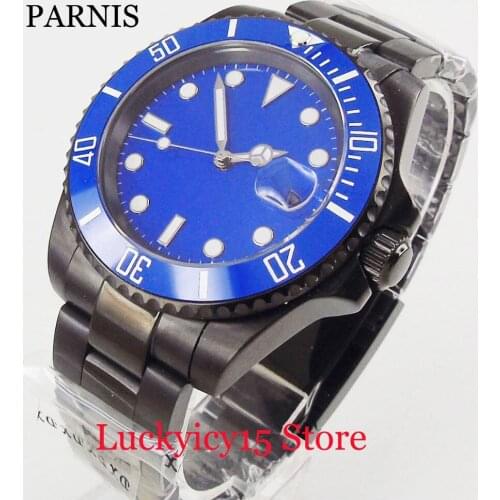 PARNIS Luxury Dress Deep Blue Dial Ceramic Bezel Nologo PVD Case Auto Date 40mm Mechanical Mens Watch