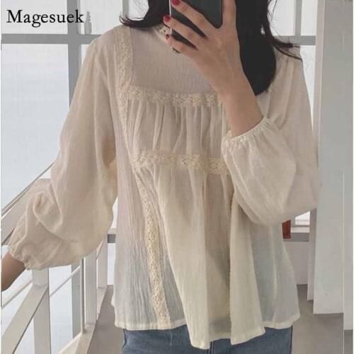 Pleated Sweet Solid Autumn Blouse Women Lace Stitching Slim Shirt Korean Style Long-sleeved Lace Stand Collar Tops Blusas 12727