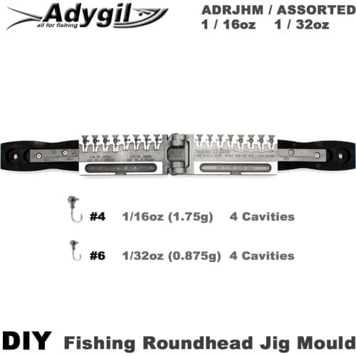 Adygil DIY Fishing Roundhead Jig Mould ADRJHM/ASSORTED COMBO 1/16oz(1.75g), 1/32oz(0.875g) 8 Cavities