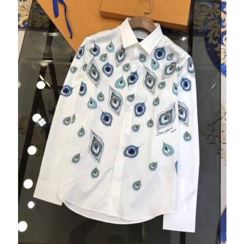 Brand Design Men Shirt Elegant Feather Printed 100% Pure Cotton Shirts For Men Long Sleeve Slim Business male Dress Shirts