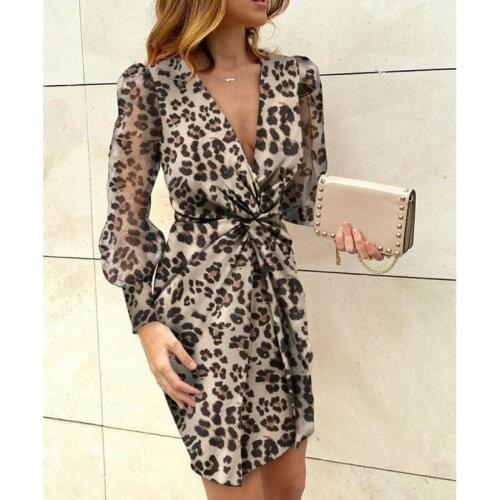 Boho Sundress Women Lady Deep V Floral Leopard Party Club Knotted Dresses Tulle Long sleeve Sexy Elegant Bodycon Vestido Summer