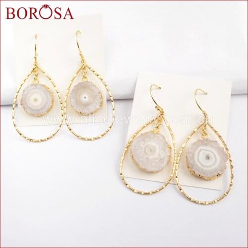 BOROSA 5Pairs New Stylish Sun Flower Quartz Charm Earrings, Gold Color White Solar Quartz Teardrop Druzy Dangle Earring G1582