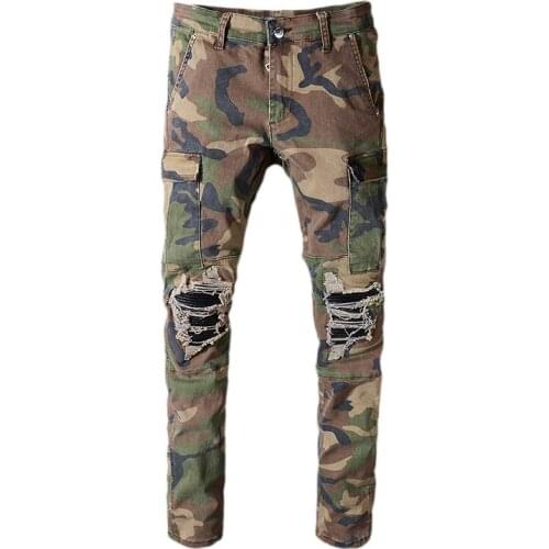 SEVEYFAN 2021 Mens Camouflage Cargo Jeans Skinny PU Leather Patchwork Biker Denim Pants for Male