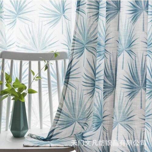 Blue Big Leaves American Country Pastoral Style Northern European Cotton and Linen Printed Curtains for Living Room Bedroom