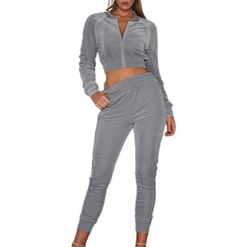 1 Set Sweatshirt Sweatpants Set Velvet Surface Zipper Women Long Sleeve Crop Top Elastic Waist Pants for Sports