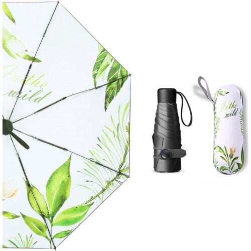Female Mini Pocket Folding Umbrella Automatic Umbrella Rain Women Green Plants Parasol Windproof UV Protection Capsule