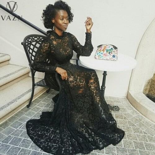 VAZN 2021 Top Quality Formal Black Color Hole Out Lace Up Long Sleeve Long Dress Young Sexy Women High Waist A-line Midi Dress