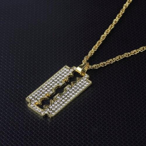 Fashion Women Men Blade Pendant Necklace Hip Hop Jewelry Punk Style Simple Rhinestone Gold Long Chain Necklaces Party Jewelry