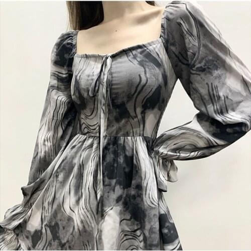 Bella Philosophy Long Sleeve Tie Dye Dress Vintage Print Female Square Collar Mini Dress Casual Street Ruffles Loose Vestidos