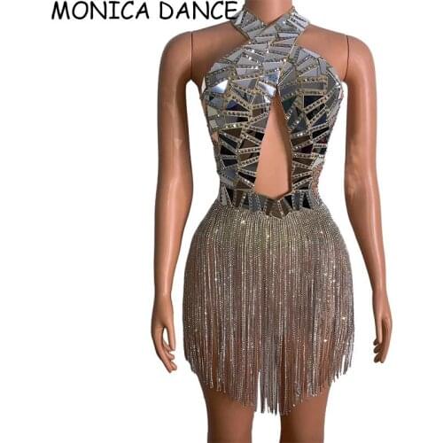 Women Sexy Stage Hollow Out Backless Mirror Dress Birthday Party Wedding Rhinestones Dress Singer Dancer Costume