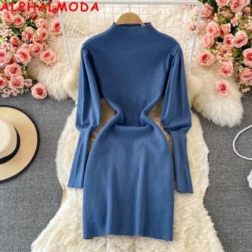 ALPHALMODA 2021 New High Neck Elastic Tight Pullover Knit Dress Slim Fit Puff Sleeve Solid Color Women Autumn Casual Dress